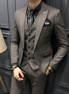西装男套装休闲帅气英伦风商务正装潮流修身单扣条纹西服结婚礼服