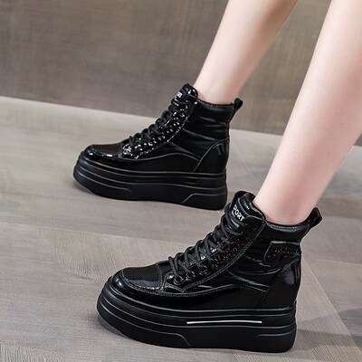 秋冬款加绒高帮鞋女内增高女鞋8cm真皮K小黑鞋厚底板鞋休闲棉鞋子