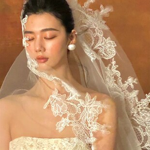 头纱新娘主婚纱i长款大拖尾蕾丝花边高级感头纱摄影拍照样片头饰