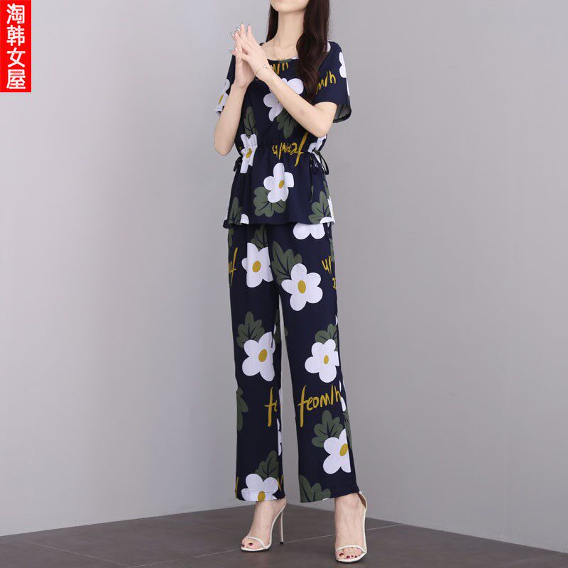 2024夏短袖棉绸套装女士宽松九A分裤时尚外穿碎花两件套气质显瘦