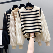 拼接泡泡袖 条纹设计感假两件针织上衣女内搭春秋20H24新款 韩版 毛