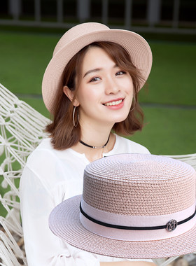 帽子女帽潮流韩版百搭m标平顶小沿礼帽夏天粉色草帽女夏小清新