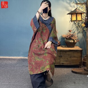 子曰民族风复古做旧亚麻印花大版袍子F中式斜襟盘扣撞色拼布旗袍