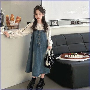 女童春装2024新款洋气时髦大童牛仔背带裙套装儿童春秋裙子两件套