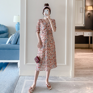 孕妇夏装中长裙韩版宽松雪纺裙仙B气连衣裙V领a字洋气碎花孕妇裙