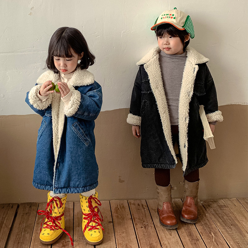 儿童棉服中长款加绒男童装女童牛仔棉衣加厚冬季2021新款宝宝外套