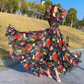 印花连衣a裙女夏季 长款 雪纺大摆长裙圆领显瘦宽松及踝度假沙滩长