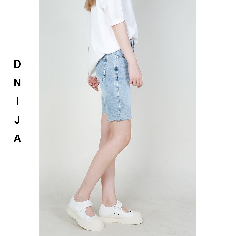 丹尼家 2023春夏高腰显瘦弹y力修身毛须边L牛仔五分短裤 骑行裤