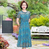 中老年码 妈妈夏装 碎花g连衣裙女洋气新款 长大裙气质遮肚子雪纺新
