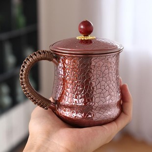 纯铜泡茶b杯紫铜带把办公杯带盖茶杯喝水杯铜茶缸直筒咖啡杯耐热
