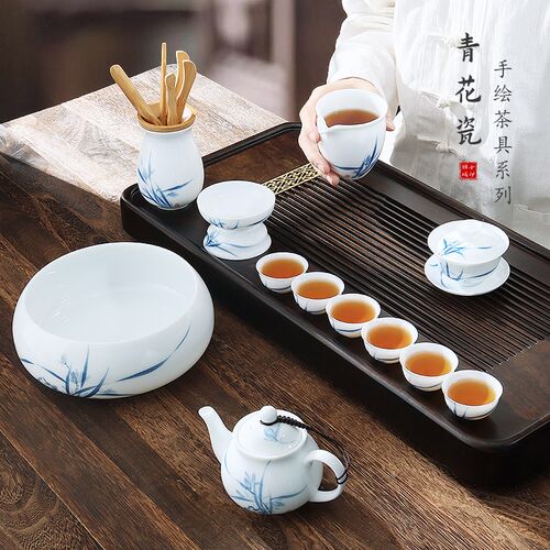 手绘兰花羊脂玉白瓷功夫茶具整套B装家用现代简约会客茶壶茶杯盖
