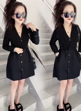 黑色V领洋装女i22秋冬新款洋派设计感长袖假两件中长版衬衫裙女
