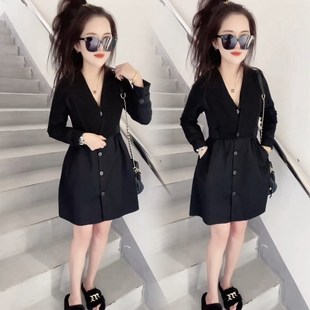 黑色V领洋装女i22秋冬新款洋派设计感长袖假两件中长版衬衫裙女