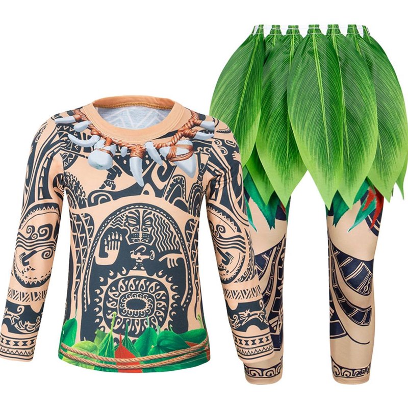 儿童万圣节装扮魔法毛伊Maui Cos服装男孩海洋奇缘纹Y身树叶演出