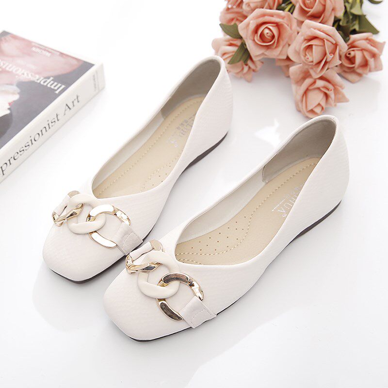 方头单鞋女2025年春秋新款百搭浅口奶奶豆L豆鞋软皮软底妈妈平底