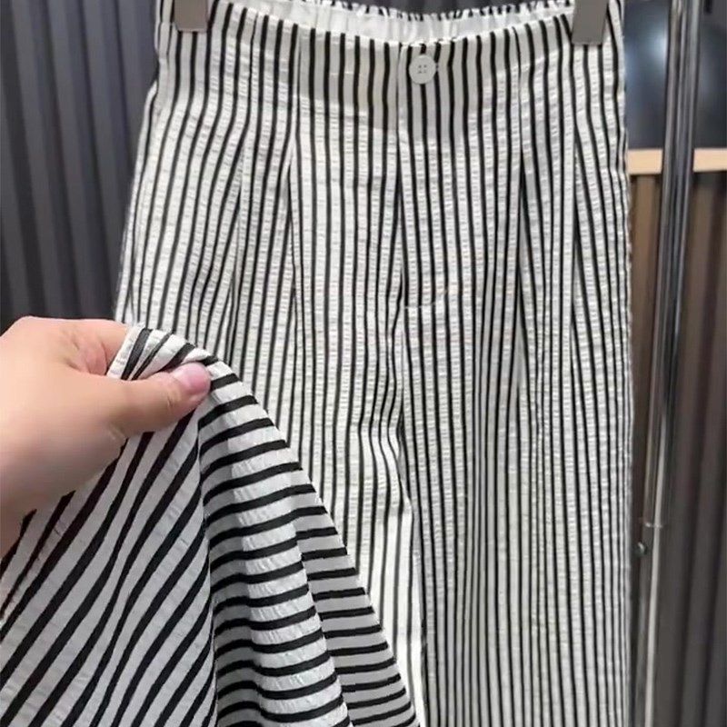 黑白条纹时尚e感宽松亚麻阔腿裤女2025夏季新款大码休闲风直筒长,女装/女士精品,大码半身裙,淘宝优惠券,粉丝福利购,淘宝优惠卷