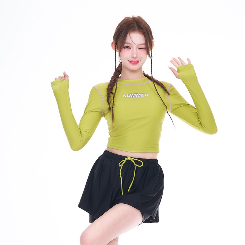 长袖泳衣女款分体平角三件套运动保守女孩高J级感2024新款温泉泳