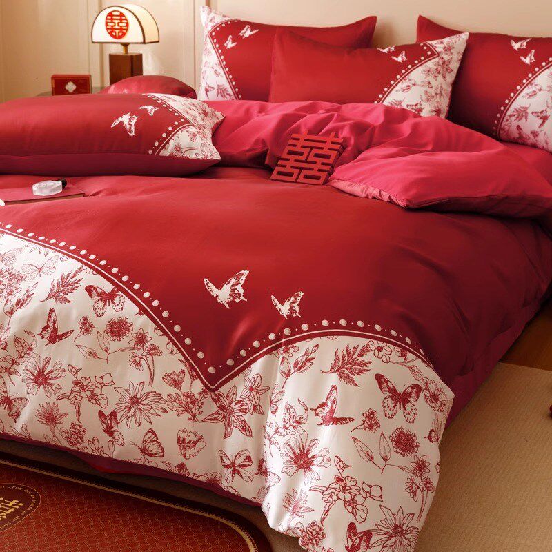 中式结婚四件套大红色陪嫁床单被套婚庆P床上用品婚房喜被,床上用品,婚庆床品套件,淘宝优惠券,粉丝福利购,淘宝优惠卷