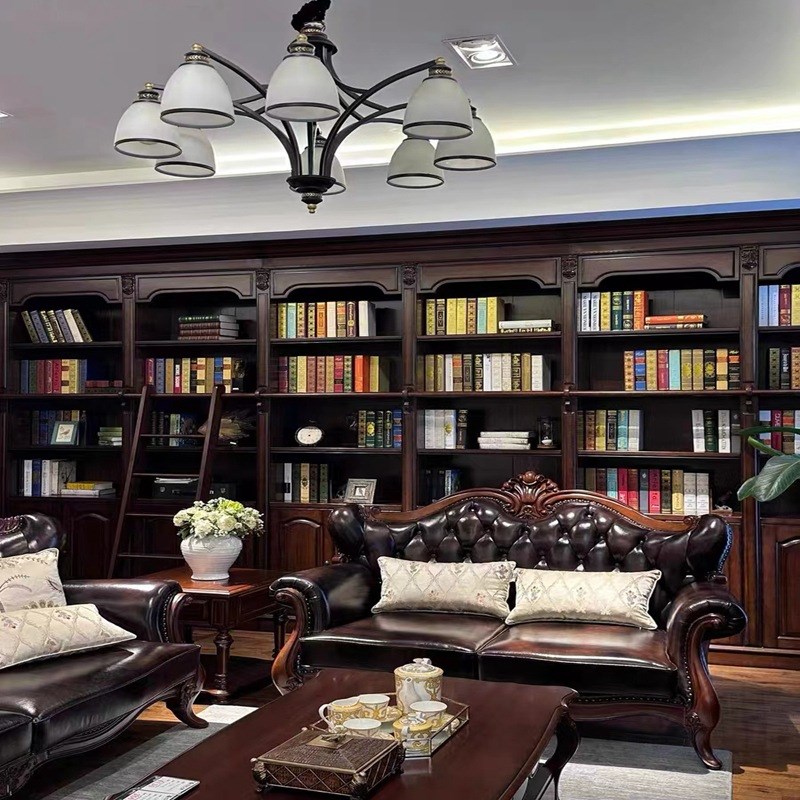 美式实木书柜黑胡桃色高端满墙储物书橱法式复古白蜡木靠墙书架