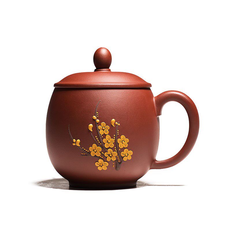 宜兴纯全手工紫砂杯盖杯家用名家红皮龙紫泥小号圆鼓梅花杯350cc