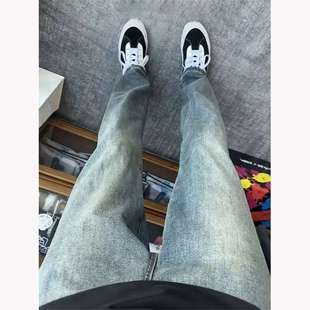 水洗复古蓝窄版牛仔裤男春秋季美式高街vibe裤子修身显瘦直筒长裤