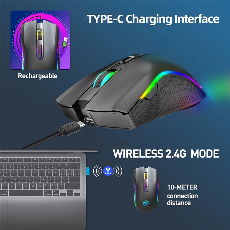 Rechargeable 2.4G oWireless RGB Gaming Mouse Ergonomic Gamin