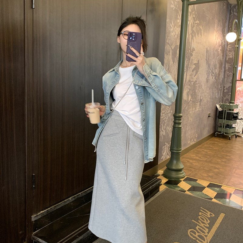 Neee甜辣风抽绳运动长裙松紧y腰显瘦卫裙设计感灰色a字半身裙女秋