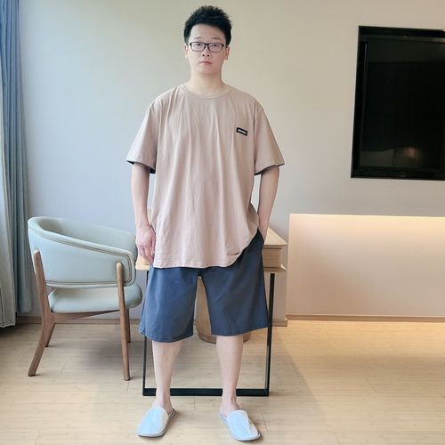 男睡衣夏季简约纯棉短袖短裤薄款可外穿大码加肥家居服280斤套装