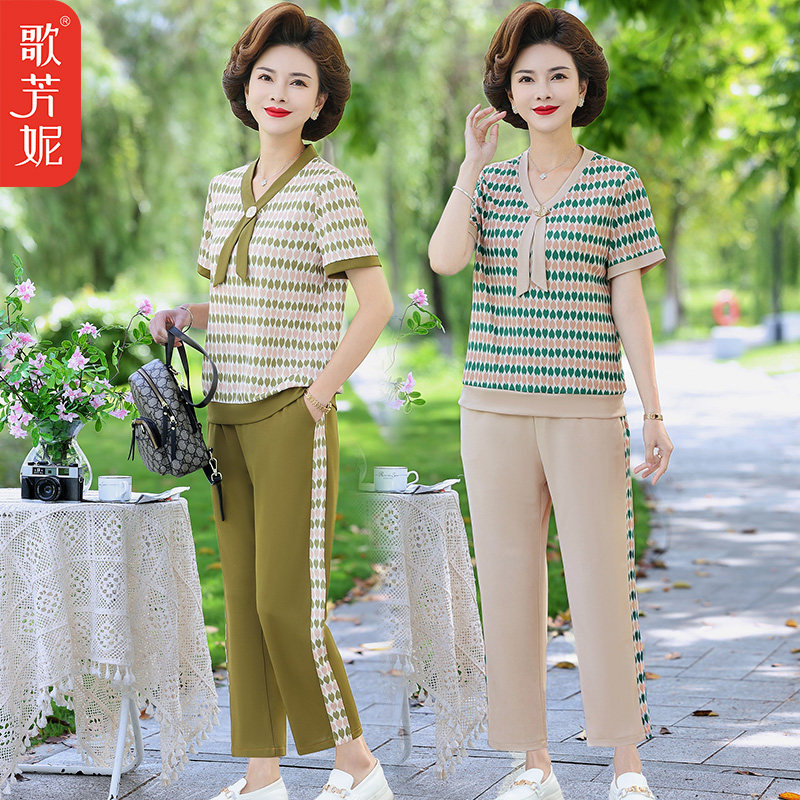 中老年女装雪纺短袖两件套装大码中年妈妈装宽松夏装洋气休闲运动
