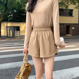 气质显瘦休闲宽松pu阔腿裤 女2021秋冬韩版 子 皮裤 时髦高腰A字短款