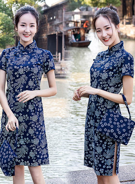 乌镇手工蓝印花布短袖旗袍复古修身民族风纯棉女装立领中长款旗袍