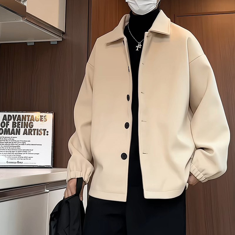 冬季翻领毛呢夹克男加厚短款宽松大码呢子外套潮牌保暖呢料上衣