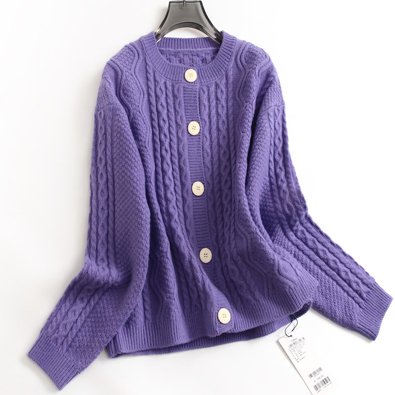 绵羊毛纯色绞花气质圆领紫色显白外搭针织开衫外套长袖女毛衣J066