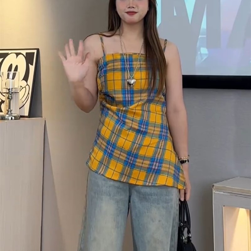 大码胖mm女装格纹修身吊带背y心夏季显瘦内搭外穿遮副乳打底小上