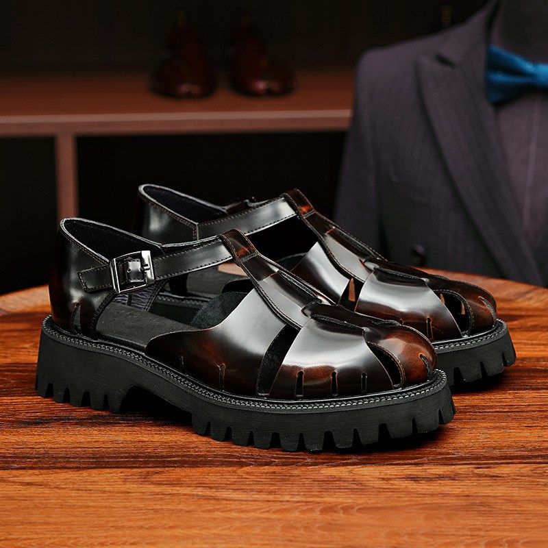 厚底凉鞋男夏季镂空透气外穿包头商务休闲亮面皮鞋潮流软面真皮鞋,流行男鞋,休闲凉鞋,淘宝优惠券,粉丝福利购,淘宝优惠卷
