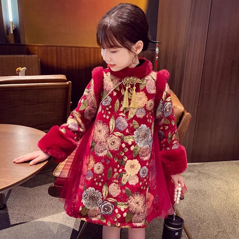 女童中国风旗袍洋装秋冬季洋派小女孩加绒汉服公主裙子新年衣服