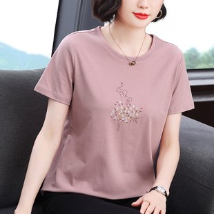 洋气宽松半袖 中年妈妈纯棉短袖 刺绣遮肚小衫 新款 上衣 t恤女士夏装