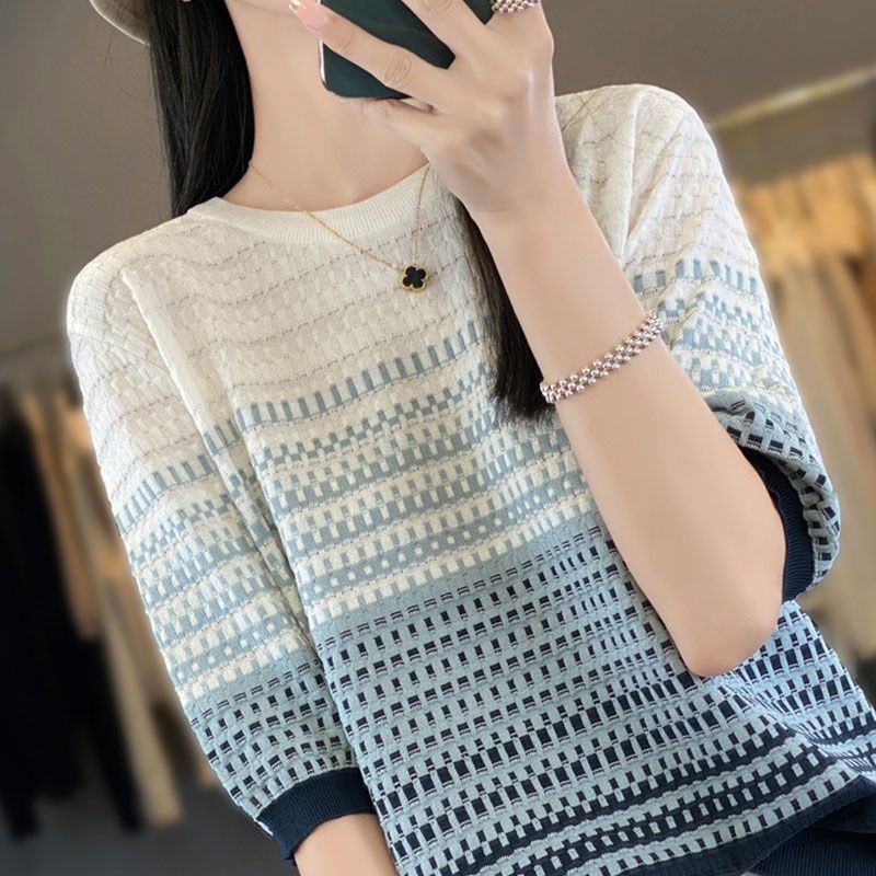 胖mm夏季2025新款大码宽松条纹冰丝针织衫女短袖t恤减龄薄款上衣