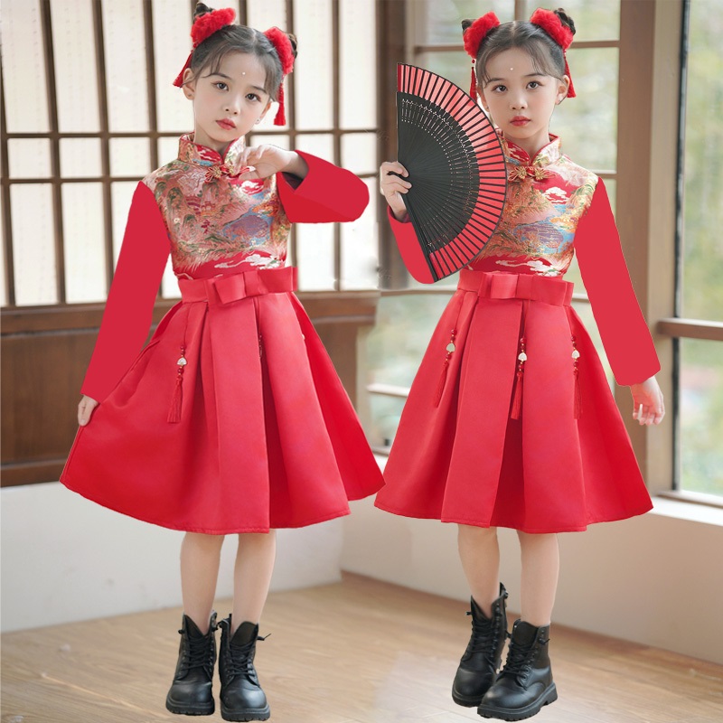 红色女童旗袍国朝中国风儿v童礼服唐装演出服公R主裙拜年服长袖秋