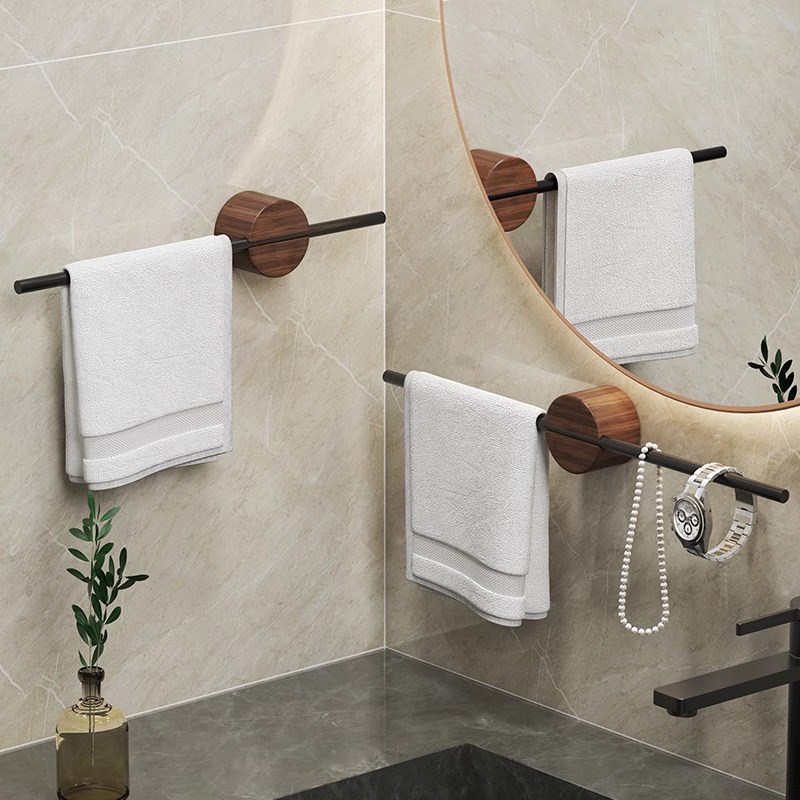 胡桃木卫生间创意毛巾杆免打孔厨房浴室单杆挂杆实木收纳挂架壁挂