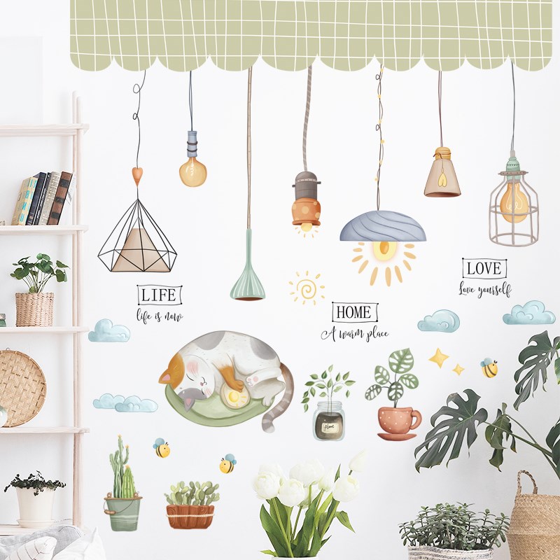 可移除墙贴猫咪灯简约卡通可爱顶角线卧室温馨装饰自粘贴纸床头画