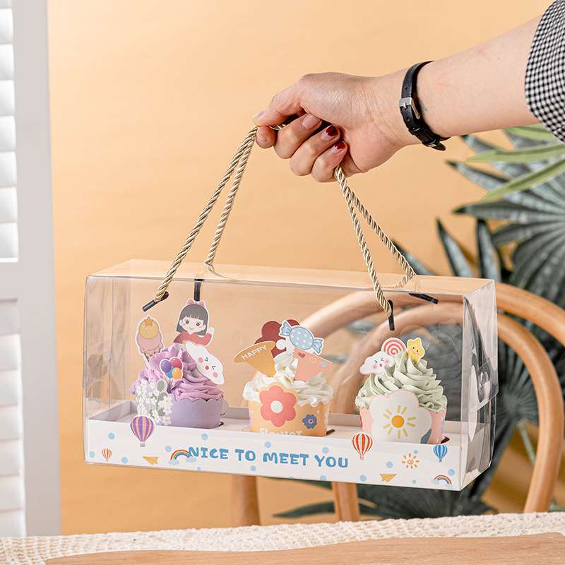 纸杯蛋糕包装盒 3粒装透明手提开窗生日礼盒创意烘焙包装盒子