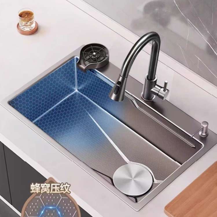 枪灰色纳米304不锈钢蜂窝压纹水槽大单槽洗菜盆家用厚厨房洗碗槽