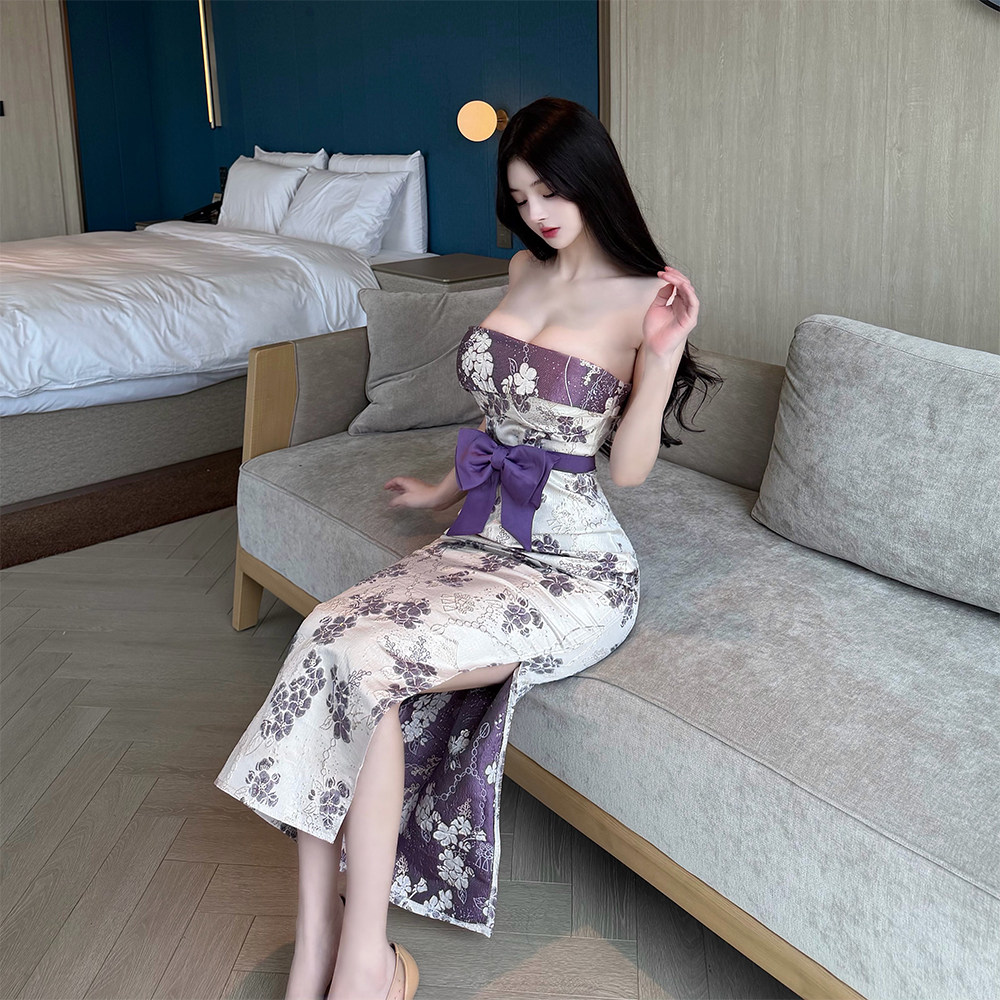 纯欲辣妹性感抹胸蝴蝶结紫色礼服裙女高级感气质修身开叉旗袍长裙