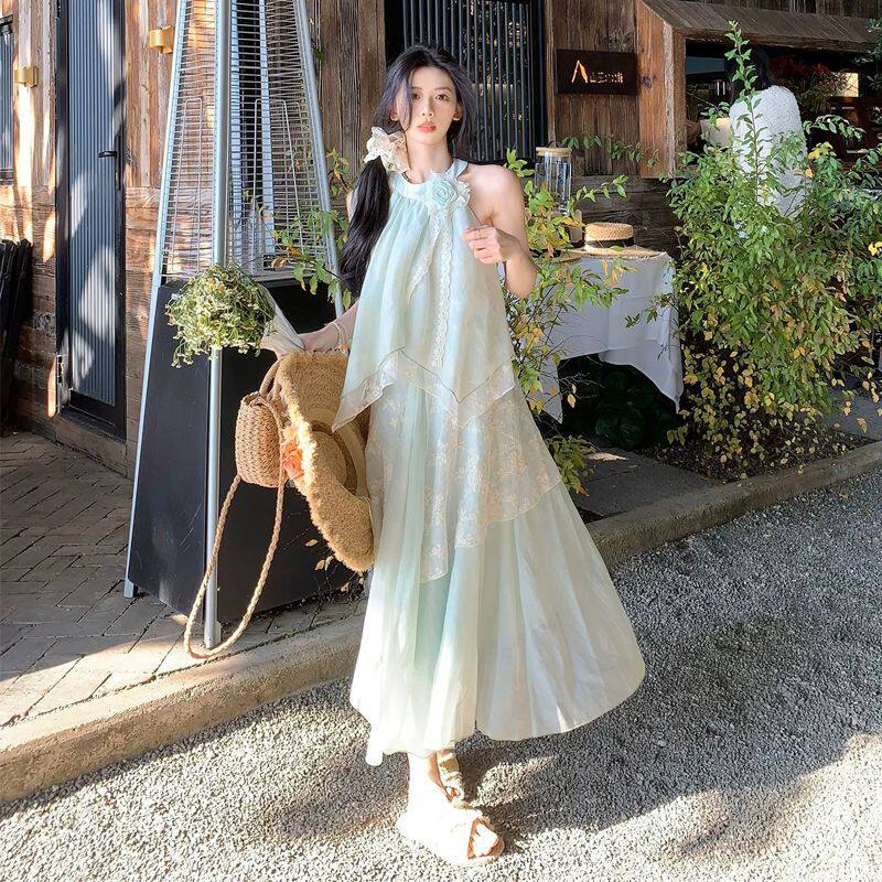 森系甜美学院风连衣裙初高中学生少女挂脖上衣女宽松无袖长裙套装
