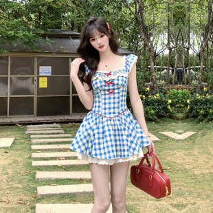 爱神降临 甜美小飞袖蓝色格子连衣裙女学院风高级感收腰蓬蓬短裙