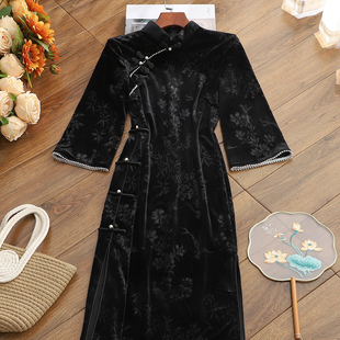 复古修身 金丝绒压花国风长改良黑色丝绒年轻款 女 新款 旗袍2025秋季