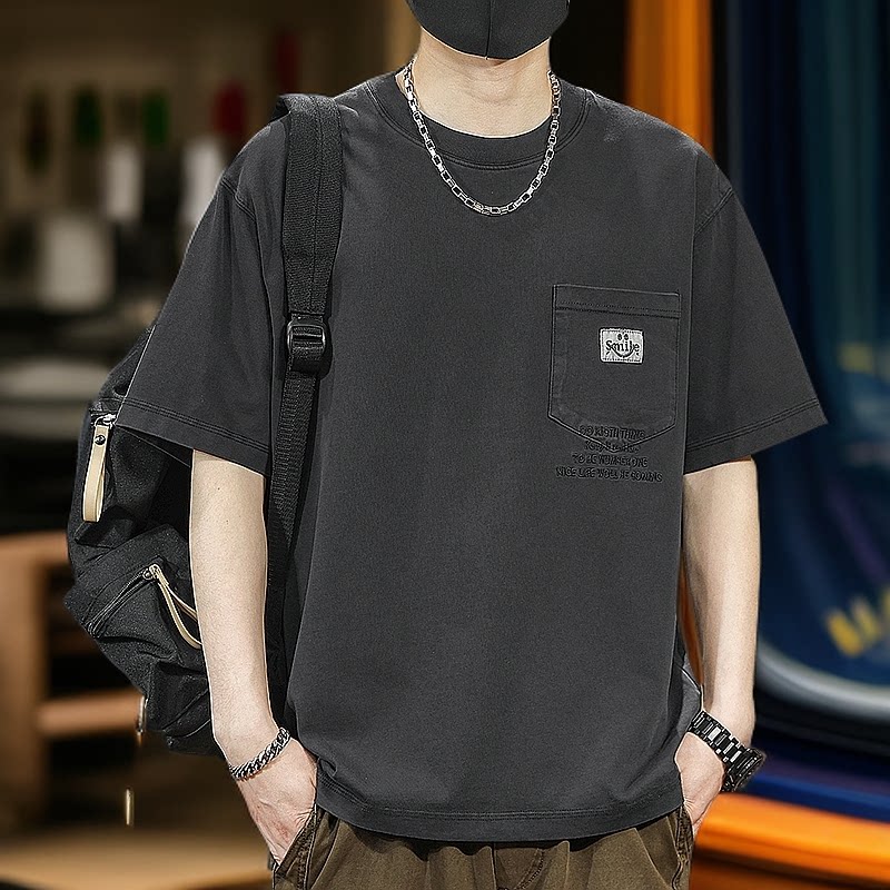 美式重磅复古石磨水洗短袖T恤男