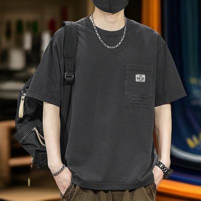 美式重磅复古石磨水洗短袖T恤男