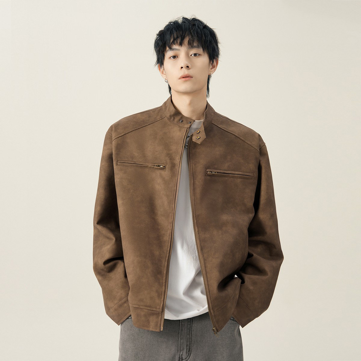 美拉德美式棕色皮衣外套男高级感cleanfi飞行夹克机车情侣棒球服